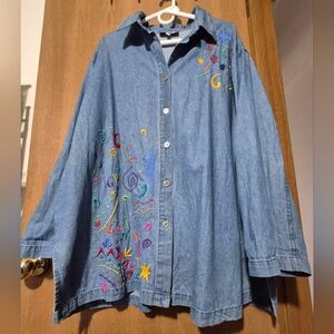 Vtg A.P.Collection 100% Cotton Embroided Denim Shirt Shacket 3X
